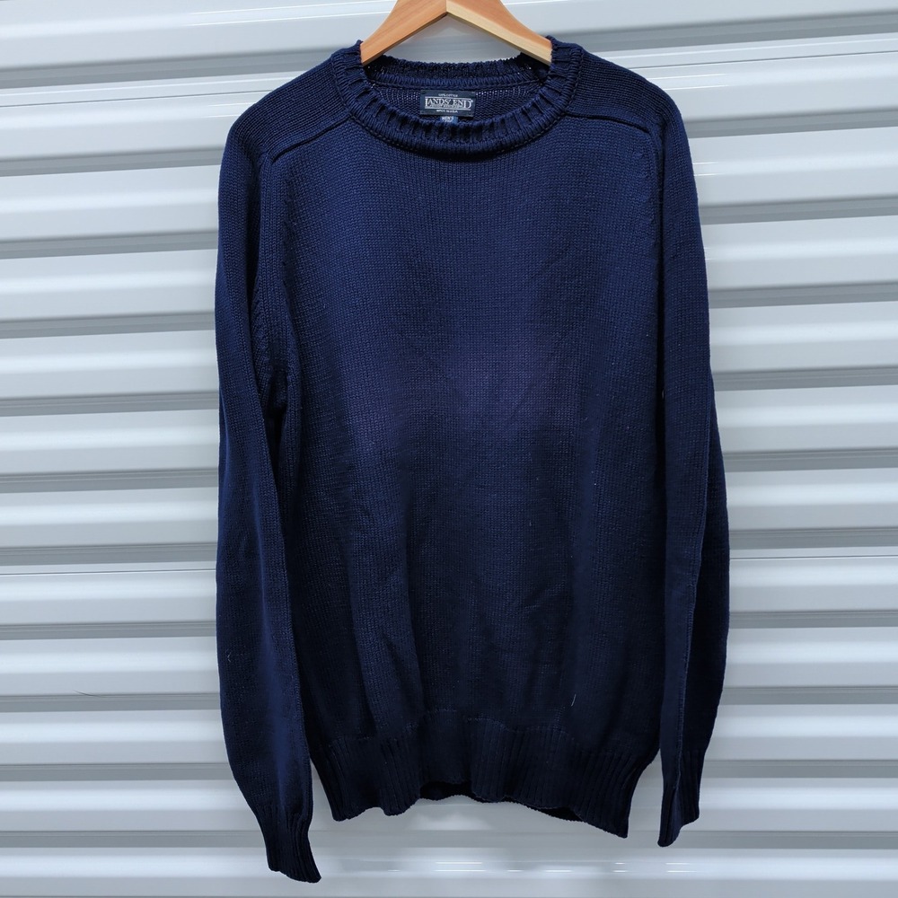 Lands End Sweater Large Long Mens Navy Blue Cotton Crewneck Vintage Made in USA — photo 3